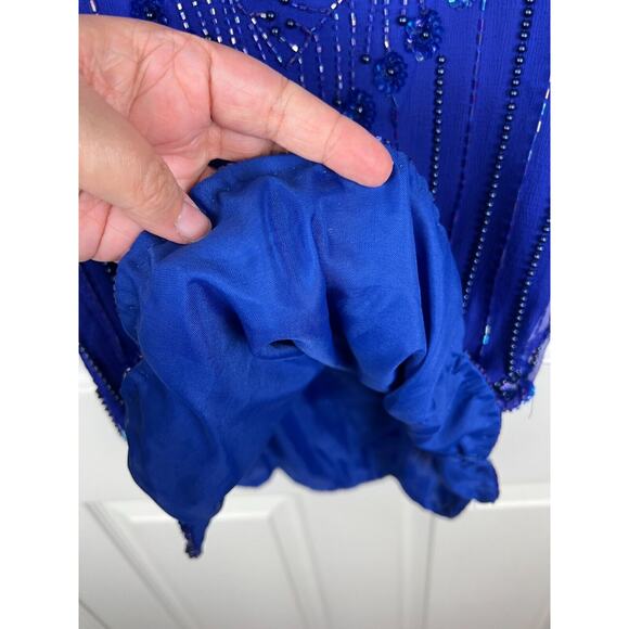 Vintage Blue Silk Full Sequin Formal Event Blouse Top Medium Short Sleeve - Picture 7 of 9